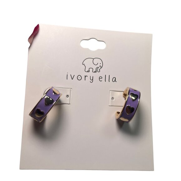 Ivory Ella Gold Huggie Hoop Earrings Purple Enamel with Gold Hearts NWT - Picture 3 of 5